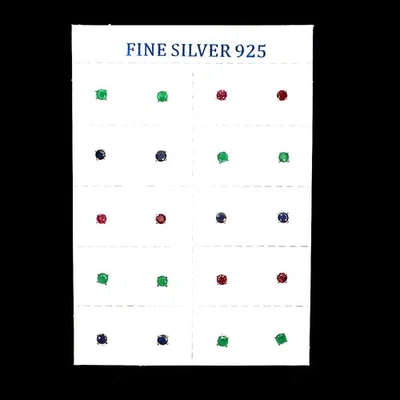 925 Sterling Silver Earrings 10 Pairs Round Emerald Ruby Sapphire No USA Import  - Image 1 of 4