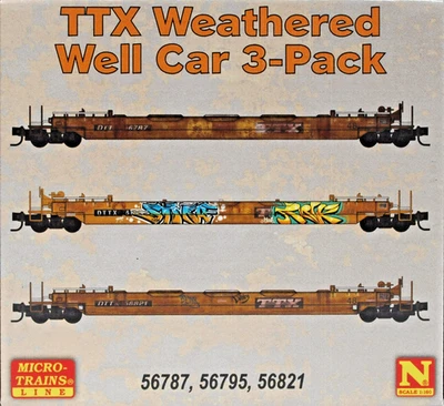 TTX. N Scale. 70' Husky Stacks. 3 Pack. Fact. Weathered & Graffiti. MTL. New. - Image 1 of 4