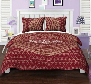 Ethnic Doona Cover Boho Maroon Queen Cotton Gold Mandala Quilt Cover Floral - Picture 1 of 3