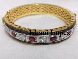 Diamond Bangle Natural Rose Cut Diamond & Polki Ruby 925 Sterling Silver Jewelry - Picture 1 of 4