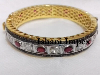 Diamond Bangle Natural Rose Cut Diamond & Polki Ruby 925 Sterling Silver Jewelry - Image 1 of 4