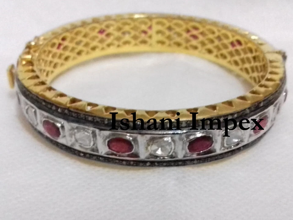 Diamond Bangle Natural Rose Cut Diamond & Polki Ruby 925 Sterling Silver Jewelry - Image 1 of 4