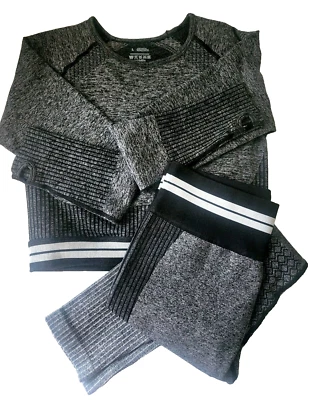 Conjunto de 2 Leggings Ativas + Top Thumbhole Preto Cinza Treino Elástico Ginásio Grande NOVO - Imagem 1 de 3