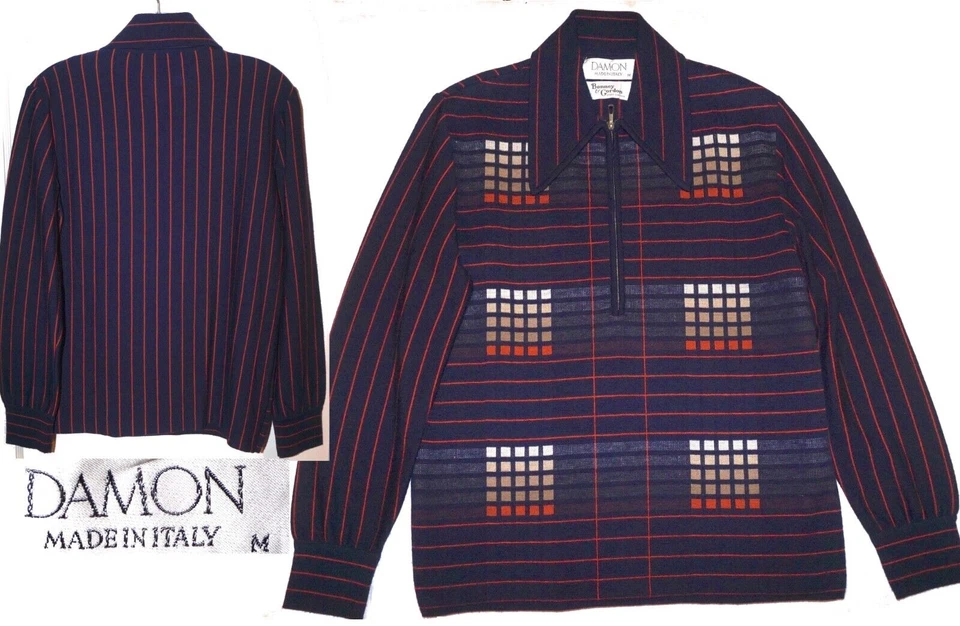 Pullover Vintage Damon 1/4 Cremallera Geométrico Hecho en Italia Tejido Fino Lana M Hombres Delgado Foto 1 de 4