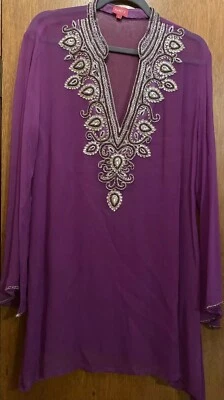 $179 Ranees Boho Purple Cover Up Tunic Top Dress Silver Embroidered Jeweled  L - Image 1 of 4