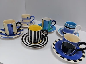 Set Of 6 WHITTARD Chelsea Expresso Cup & Saucer Blue Black White Spots Stripes - Picture 1 of 6