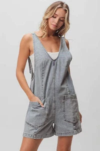 BiBi Patch Vintage Washed Denim Shortall - Bild 1 von 13