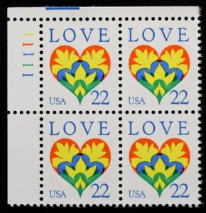 US Plate Blocks Stamps #2248 ~ 1987 22c Love Series: Hearts and Flowers RL02 - Picture 1 of 1