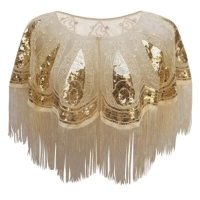 Women Evening Party Gown Sequin Shawl Retro Fringe Cape Mesh Sheer Wrap Banquet - Image 1 of 4