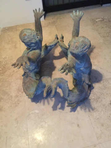 Antique Bronze Mermen Table Base With Glass Tabletop Cover