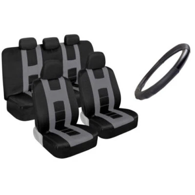Microfiber Leather Steering Wheel Cover + Car Seat Covers (Full Set) Gray - Image 1 of 4