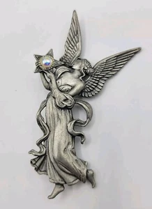 Vtg Pewter JJ Jonette Winged Angel Brooch Pin w Glowing Star 3.25" - Picture 1 of 6