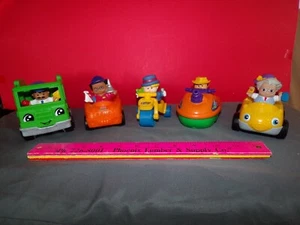 FISHER PRICE TRASH TRUCK TAXI CAB WATER CRAFT3 WHEELER TOW TRUCK ALL WITH PEOPLE - Picture 1 of 12