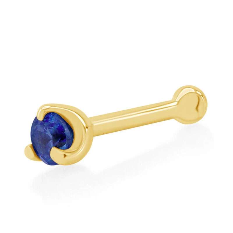 2mm Nose Stud Bone Pin Round Cut Simulated Blue Sapphire Solid 14K Yellow Gold - Image 1 of 4