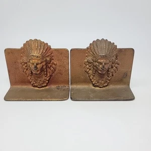 Vintage Native American Indian Chief Head Bookends, Cast Iron, c. 1920s - Picture 1 of 15