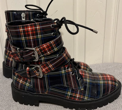 Jessica Simpson Kerina Bota con Cordones Patente a Cuadros con Hebillas Cremallera Talla 7M Nueva Sin Caja Foto 1 de 4