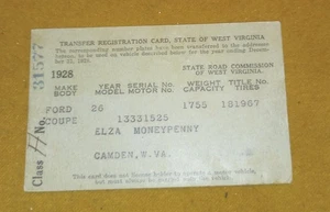 Vintage 1928 West Virginia Car Registration Card - For 1926 Ford Coupe - RARE!! - Picture 1 of 6