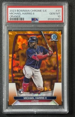 MICHAEL HARRIS II PSA 10 2023 BOWMAN CHROME SAPPHIRE #31 ORANGE REFRACTOR /75 RC - Image 1 of 2