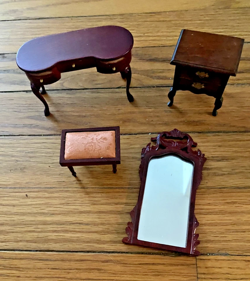 Vtg Vanity Dressing Table, Mirror, Side Chest, Table Chair, Miniature Dollhouse - Image 1 of 1