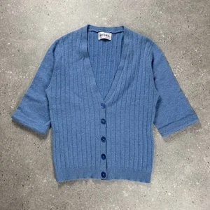 Brora Cardigan Womens 12 Blue Scottish Cashmere Ribbed Jumper Knit Short Sleeve - Picture 1 of 11