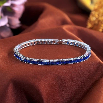 Dazzling Blue Square Zircon Crystal Tennis Bracelet Silver Plated Women Jewelry Foto 1 de 4