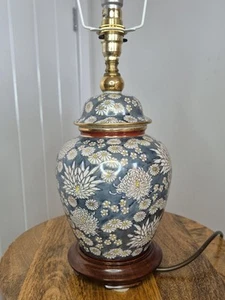 Country House Ginger Jar Lamp - Green glaze , Floral on Wood Base 33cm - Picture 1 of 11