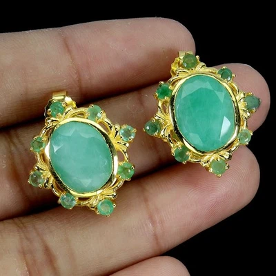 925 Sterling Silber Ohrringe Oval Smaragd 12x10mm Natürlicher Edelstein Schmuck - Bild 1 von 4