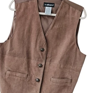 Gilet donna vera pelle scamosciata marrone L grande bottone foderato davanti Sag Harbor - Foto 1 di 6