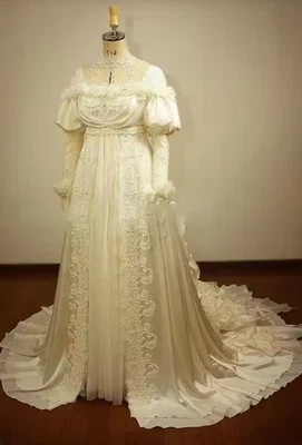 Fluffy Victorian Wedding Dress 17th Century Lace Appliqué Satin Bridal Gowns - Image 1 of 4