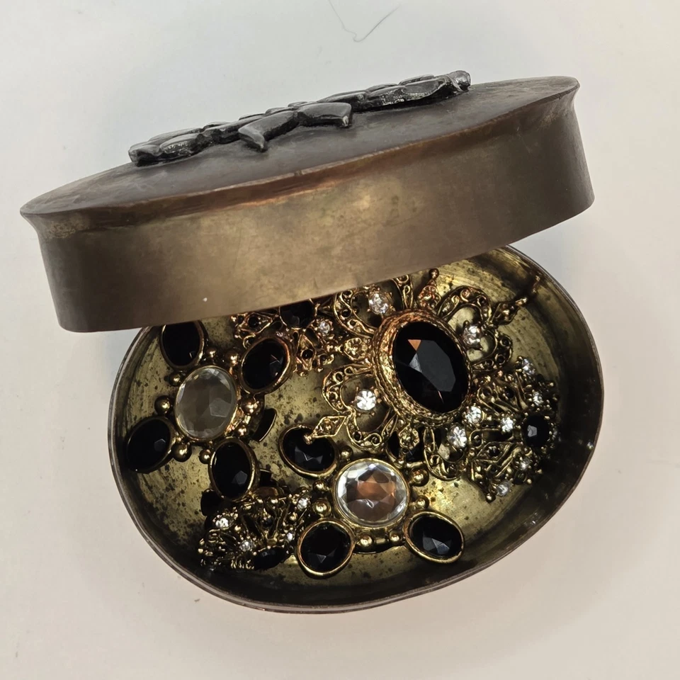 Vintage Ornate Button Covers Gold Tone Set Of 6 AND Brass Box With Pewter Bow - Image 1 of 4