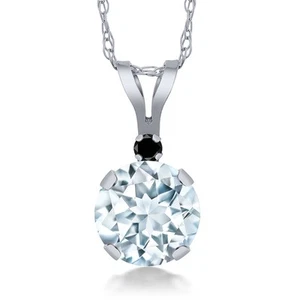 0.77 Ct  Sky Blue Aquamarine Black Diamond 14K White Gold Pendant with Chain - Picture 1 of 4