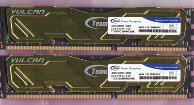 8GB 2x4GB PC3-12800 TEAM GROUP TLYD34G1600HC9BK VULCAN DDR3-1600 Ram Memory Kit - Image 1 of 2