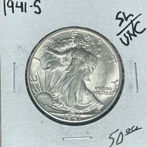 1941-S WALKING LIBERTY SILVER HALF DOLLAR~SL/UNC  ~NICE COIN~ - Picture 1 of 2