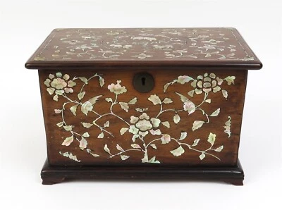 Chinese Hardwood Chest Inlaid with Carved Mother of Pearl 13.75" x 9.5" x 8.5" - Image 1 of 4