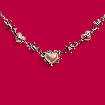 BARBED WIRE & PINK HEARTS CHOKER NECKLACE 90s y2k retro emo grunge goth punk R6 - Image 1 of 4