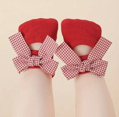Babies Red Christmas Shoes Socks Red Heart Bow and Plaid Bow Booties 2 PAIRS - Image 1 of 4