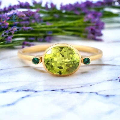 14k Yellow Gold 8x6 MM Oval Cut Natural Green Peridot Emerald Handmade Gift Ring - Image 1 of 4