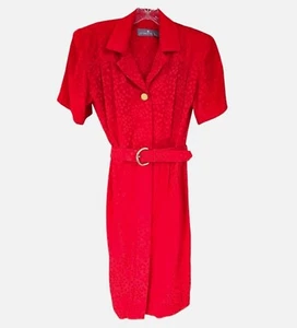 Vintage Liz Claiborne Red Silk Dress Size 4 Red Polka Dot Belted Shoulder Pads - Picture 1 of 10