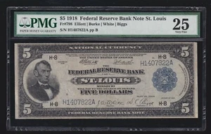 US 1918 $5 FRBN St. Louis Note Scarce Variety FR 798 PMG 25 VF (-822) - Picture 1 of 2