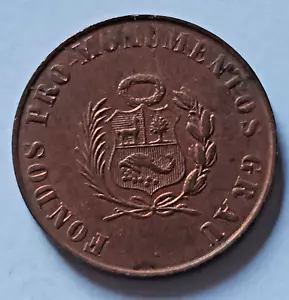 PERU Medaille PRO CONSTRUCCION MONUMENTO A MIGUEL GRAU , 20 Centavos. Kupfer - Bild 1 von 2