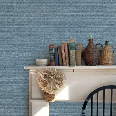 5m Faux Grasscloth Peel and Stick Wallpaper  Blue Textured Grassweave Wallpaper - Image 1 of 4
