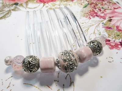 粉色 Artisan 精致串珠发梳 厚发梳 带复古珠子 — 第 1/4 张图片