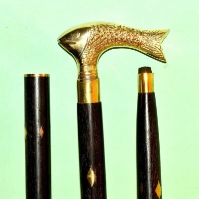 Bastón de madera negro latón pulido cabeza de pez mango bastón vintage hecho a mano Foto 1 de 4