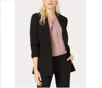 Bar III женщин S черный белый зубчатый воротник открытый передний в тонкую полоску блейзер новый - Изображение 1 из 4