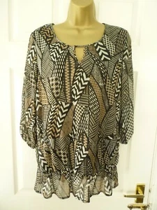 BM CASUAL Ladies Size 12 Black Brown Geometric 3/4 Sleeve Peplum Blouse Top NEW - Picture 1 of 10