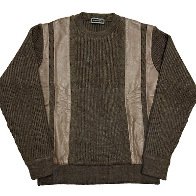 Vintage Saxony Sweater Mens Size S/M Leather Coogi Style Colorblock Stripe Brown - Image 1 of 4