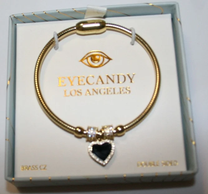 BRAZALETE CORAZÓN NEGRO Y BLANCO CARA LATÓN CIRCONITA NEGRO ÓNIX MADREPERLA NUEVO EN CAJA Foto 1 de 1