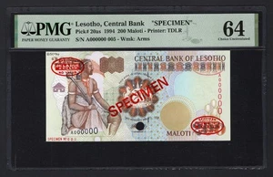 Lesotho 200 Maloti 1994 P20as "Specimen N.005" Uncirculated Grade 64 Top Pop - Picture 1 of 2