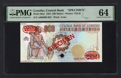 Lesotho 200 Maloti 1994 P20as "Specimen N.005" Uncirculated Grade 64 Top Pop - Image 1 of 2