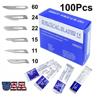 100Pcs Dental Surgical Blade Sterile Carbon Steel Scalpel #10/11/15/22/24/60 - Image 1 of 4
